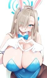 asuna_(blue_archive) asuna_(bunny)_(blue_archive) asuna_(bunny_girl)_(blue_archive) beauty_mark_on_breasts blue_archive breast_focus curvy gigantic_breasts grin hair_over_one_eye heart_gesture millennium_science_school_student smile voluptuous wide_hips