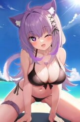 arm_support cat_smile cute cute_fang heart-shaped_pupils hololive hololive_gamers hololive_japan huge_breasts nekomata_okayu one_eye_closed smile squatting virtual_youtuber