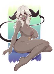 1girls absurd_res areolae bent_legs blush breasts commission demon demon_girl demon_horns demon_tail dmxwoops feet female female_only grey_skin horns long_hair looking_at_viewer nipples nude nude_female sitting smiling smiling_at_viewer solo tail white_hair yellow_eyes