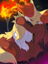 1girls anthro areolae breasts crossed_arms delphox female female_only fire fur generation_6_pokemon hi_res kame_3 looking_at_viewer mammal narrowed_eyes nintendo pokemon pokemon_(species) red_body red_eyes red_fur simple_background smiling smiling_at_viewer smug solo stick