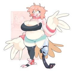 beak big_breasts boob_window breasts capri chubby chubby_female doodledox gym_shorts pink_hair prosthetic prosthetic_limb sports_bra sweater thick_thighs three_toes wide_hips wings