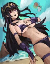 alternate_costume bikini breasts female fire_emblem fire_emblem_awakening male nintendo outdoors purple_bikini purple_swimsuit robin_(fire_emblem) robin_(fire_emblem)_(male) saiykik swimsuit tharja_(fire_emblem)