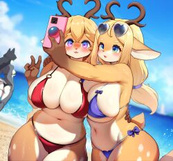 2girls :3 anthro antlers ass beach big_breasts bikini blonde_hair blue_bikini blue_clothing blue_eyes blue_swimwear blush breast_press breast_squish breasts breasts_to_breasts brown_body brown_fur clothed clothing deer dorothy_(whooo-ya) duo female female_only fur gesture grey_body grey_fur hair horn horns mammal open_mouth original outside phone popsocket red_bikini red_clothing red_swimwear seaside selfie short_tail sophie_(whooo-ya) sunglasses_on_head swimwear tail taking_selfie v_sign very_high_resolution whooo-ya