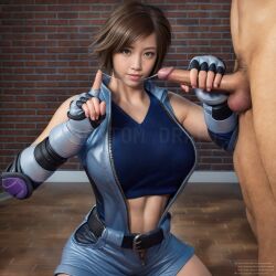 1boy 1boy1girl 1girl absurdres ai_generated asuka_kazama belt brick_wall brown_hair censored_penis cfnm clothed_female_nude_male cum cum_string deviantart_url elbow_gloves elbow_pads erection femdom fighting_game fingerless_gloves gloved_handjob gloves handjob highres jumpsuit kazama_asuka kneeling leotard light-skinned_female light-skinned_male looking_at_viewer meta:pinterest_link meta:pixiv_link muscular partial_male phantom_draft pixelated pubic_hair scrotum short_hair sports_bra tekken tiled_floor twitter_link zipper_leotard