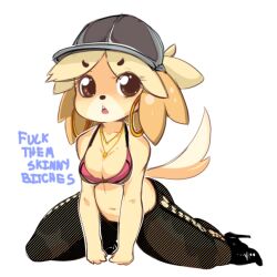 animal_crossing animal_ears baseball_cap bikini bikini_top_only blonde_hair body_fur boots breasts brown_eyes chains chestnut_mouth cleavage cosplay cute dog_ears dog_girl dog_tail earrings facing_viewer female fishnet_pantyhose fishnets full_body furry furry_female gold_chain hat high_heel_boots high_heels hoop_earrings isabelle_(animal_crossing) jewelry kneeling looking_at_viewer medium_breasts midriff navel nicki_minaj_(cosplay) nintendo pantyhose parody profanity slugbox solo stiletto_heels swimsuit tail thick_thighs thighs unmoving_pattern v_arms