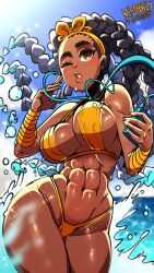 1girls abs bandana bikini braided_hair brown_eyes capcom dark-skinned_female dark_skin female female_only kimberly_jackson mboymanuel street_fighter street_fighter_6 swimsuit thick_thighs walkman wide_hips wink