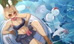 2023 2girls anthro big_breasts blush breasts cleavage clothed clothing duo eeveelution eyelashes female female_only generation_4_pokemon generation_7_pokemon hi_res in_water inflatable inner_tube leafeon midriff navel nintendo nyaohha partially_submerged pokemon pokemon_(species) pokemorph primarina smile submerged water