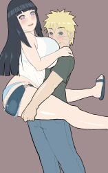 alternate_costume blush clothed clothing huge_breasts hyuuga_hinata jean_shorts lifted lifting lifting_person naruto naruto:_the_last naruto_(series) naruto_shippuden revealing_clothes spread_legs standing torikku95 uzumaki_naruto