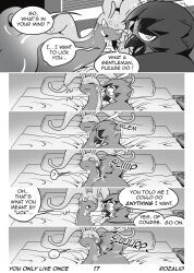 absurd_res anthro avian bed bed_sheet bedding bedroom_eyes bird comic decidueye disappointed doujinshi duo english_text female furniture generation_6_pokemon generation_7_pokemon glistening glistening_body goo_creature goodra heart hi_res imminent_sex inviting inviting_to_oral licking licking_body looking_at_another looking_at_partner louis_(decidueye) lying male male/female manga mugu_(goodra) narrowed_eyes nintendo nude on_side owl page_17 pillow pokemon pokemon_(species) prostitution rozalid seductive shy surprised_expression text tongue tongue_out waiting you_only_live_once