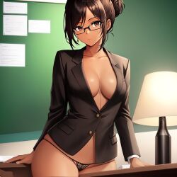 1girls ai_generated aihentai.co anything_diffusion bangs black_clothing black_eyes black_hair black_suit blackboard breasts classroom cleavage female front_view glasses hair_bun lamp_shade leaning leaning_on_table lecture long_sleeves looking_at_viewer medium_breasts navel original_character serious serious_look sex_ed sex_education solo stable_diffusion standing stern stern_expression suit table_lamp tan tanned tanned_female tanned_skin teacher thong tied_hair