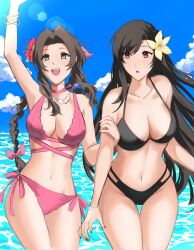 2girls aerith_gainsborough breasts female female_only final_fantasy final_fantasy_vii final_fantasy_vii_remake kivavis outdoors outside swimsuit tifa_lockhart