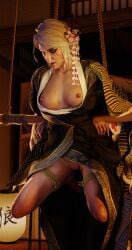 3d areolae blendguardian bondage breasts ciri green_eyes nipples rope scar spread_legs suspended tattoo the_witcher_(series) the_witcher_3:_wild_hunt thumbnail_roulette white_hair