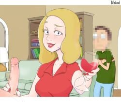 1girls 2boys b-intend beth_smith blonde_hair censored censored_face cheating cheating_wife cuckold female handjob hidden_face husband jerry_smith lipstick long_hair male mature mature_female milf mosaic_censoring mother nail_polish penis red_nails red_shirt rick_and_morty smile wine