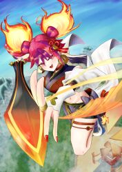 1girls duel_monster fire ha-re_the_sword_mikanko painted_nails pink_hair purple_hair sword triangle_del two_tone_hair yu-gi-oh!