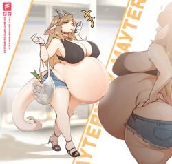 anthro big_belly booty_shorts furry horns huge_breasts long_tail outie_navel pregnant ready_to_pop scalie spellsx wide_hips