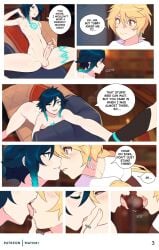 2boys 2femboys aether_(genshin_impact) black_hair blonde_hair colored comic comic_page english_text femboy femboy_focus femboy_on_femboy femboy_only genshin_impact hoyoverse kissing licking male male_only matemi mihoyo saliva saliva_string submissive_male twink venti_(genshin_impact) yaoi