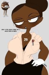 big_breasts birthmark black_bottomwear black_bra brown_skin button_shirt cute dark_brown_hair glasses gloves hand_on_hip m&m's m_and_m's mars_incorporated ms._brown orange_eyes simple_background thick_thighs white_heels