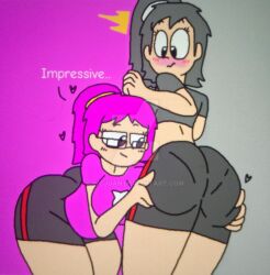 2females 2girls ass background big_breasts blush blush_lines blushing breasts butt deviantart_logo english_text female female_only females females_only girl_only grabbing grabbing_ass grabbing_butt gray_background gray_hair grey_background grey_hair grope groping groping_ass groping_butt heart hearts pantylines pink_background pink_hair simple_background text watermark wcjuan yuri