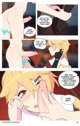 2femboys aether_(genshin_impact) black_hair blonde_hair colored comic comic_page english_text femboy femboy_focus femboy_on_femboy femboy_only genshin_impact hoyoverse male matemi mihoyo penis penis_on_face submissive_male twink venti_(genshin_impact) yaoi