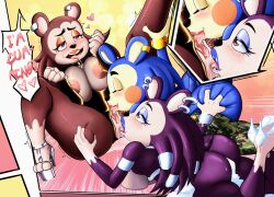 absurd_res anal animal_crossing anthro areola armwear ass big_breasts big_butt black_armwear black_clothing black_leotard blue_body blue_eyeshadow blue_fur blue_lipstick blush blush_lines bodily_fluids bottomwear bottomwear_down bracelet breasts brown_body brown_eyes brown_fur butt_grab camo camo_bottomwear camo_clothing camo_pants camo_print closed_eyes clothed clothing cunnilingus dialogue dipstick_limbs drooling ear_piercing ejaculation eulipotyphlan exposed_breasts eyelashes eyeshadow female female/female freckles fur genital_fluids group hand_on_butt heart hedgehog hi_res huge_breasts huge_butt incest jewelry labelle_able leather leather_armwear leather_clothing leather_leotard leotard lipstick mabel_able makeup mammal nintendo nipples oral orange_background orange_lipstick pants pants_down partially_clothed pattern_bottomwear pattern_clothing pattern_pants piercing pink_areola pink_background pink_eyes pink_lipstick pink_nipples purple_body purple_fur pussy_ejaculation pussy_juice raccoon_sama rimming rosy_cheeks sable_able saliva sex sibling_incest silver_heels simple_background speech_bubble spiral_eyes tan_body tan_fur text thick_thighs tongue tongue_out trio vaginal_penetration white_bottomwear white_clothing white_high_heels wide_hips yellow_background yellow_body yellow_fur yuri