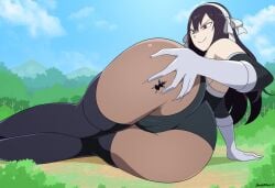 2d 2girls black_hair butt_crush cameltoe clothed_female color dangerking11 fairy_tail female female_only giantess gloves hand_on_butt large_ass larger_female laying_on_side leotard long_hair micro original_character outside red_eyes size_difference smaller_female smug thighhighs tights tiny_female ultear_milkovich witch