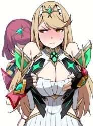 2girls animated assisted_exposure bakkanki bare_shoulders big_breasts blonde_hair blush bouncing_breasts breast_drop breasts chest_jewel cleavage core_crystal dress earrings elbow_gloves embarrassed flashing gloves headpiece jewelry large_breasts long_hair looking_at_viewer multiple_girls mythra mythra_(xenoblade) nintendo nipples pyra pyra_(xenoblade) red_eyes red_hair short_hair swept_bangs tagme tiara very_long_hair video xenoblade_(series) xenoblade_chronicles_(series) xenoblade_chronicles_2 yellow_eyes