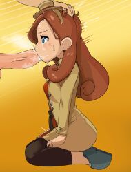 blowjob breasts brickshoes cum fully_clothed headgrab katrielle_layton layton's_mystery_journey partial_male professor_layton