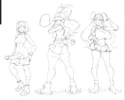 1futa 2girls ass ass_vs_breasts balls big_ass big_breasts bottom_heavy breast_size_difference breasts butt_size_difference clothed clothing erection female full_body fully_clothed futanari gloria_(pokemon) hilda_(pokemon) huge_breasts huge_cock human line_art lineup makinakid monochrome pants_down partially_clothed penis pokemon rosa_(pokemon) sketch standing top_heavy