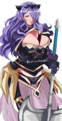 1girls axe bare_thighs black_panties black_tiara breasts camilla_(fire_emblem) cleavage female female_only fire_emblem fire_emblem_fates gloves hair_over_one_eye highres holding holding_axe horns inner_thighs large_breasts long_hair nintendo panties pelvic_curtain purple_eyes purple_hair rem_(eyes_410) solo thighs underwear