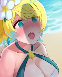 1boy 1girls alternate_costume bare_shoulders beach bikini blonde_hair blue_bikini blue_eyes blue_swimsuit blush breasts ciderwrath cleavage cock_shock collarbone earrings female female_only fire_emblem fire_emblem_heroes fjorm_(fire_emblem) fjorm_(summer)_(fire_emblem) flower hair_flower imminent_irrumatio imminent_oral imminent_sex irrumatio kiran_(fire_emblem) kiran_(fire_emblem)_(male) large_breasts looking_at_penis multicolored_hair nintendo ocean official_alternate_costume open_mouth oral outdoors penis_awe penis_shadow sex shocked short_hair shoulders smile solo swimsuit water wide_eyed