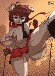 1girls anthro ash_(joaoppereiraus) big_breasts breasts brown_hair busty canine clothing female female_fighter female_only fighter headband huge_breasts joaoppereiraus kicking large_breasts leg_up microskirt nipples no_bra panties shirt shorts skirt solo underboob