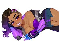 1girls 2d blush blushing blushypixy blushyspicy clothed clothing dark-skinned_female female female_only high-angle_view highres laying_down looking_at_viewer looking_pleasured looking_up overwatch overwatch_2 presenting smiling sombra thick thick_thighs