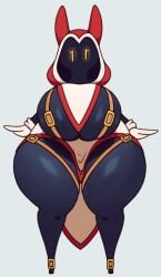 2021 belt big_breasts black_body breasts clothing female gloves hood huge_breasts huge_thighs kiki_(thegentlebro) kkoart large_breasts mage mob_face shiny_skin solo standing tagme thick thick_thighs thighs yellow_eyes