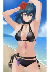 1girls alternate_costume background bare_shoulders bd13h beach belt bikini black_bikini black_swimsuit blue_eyes blue_hair blush breasts byleth_(fire_emblem) byleth_(fire_emblem)_(female) byleth_(summer)_(fire_emblem)_(female) cleavage dagger female female_only fire_emblem fire_emblem:_three_houses fire_emblem_heroes flower flower_in_hair hair_flower hair_ornament halterneck hibiscus highres intelligent_systems large_breasts light-skinned_female light_skin looking_at_viewer medium_hair navel nintendo ocean official_alternate_costume outdoors revealing_clothes sand sideboob sky solo sunny swimsuit tassel upper_body