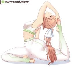 blank_background bow bow_in_hair closed_eyes doki_doki_literature_club hairbow light_brown_hair monika_(doki_doki_literature_club) peach_hair plain_background pony_tail ponytail raionart stirrup_legwear white_background yoga yoga_pants yoga_pose