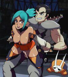 1boy 1girls 2023 artist_request beowulf_(skullgirls) cerebella muscular muscular_male skullgirls