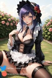 1girls ai_generated artsbuyu bangs black_hat black_legwear black_panties black_thighhighs blush breasts cameltoe embarrassed flower hair_between_eyes hat hi_res kitagawa_marin kuroe_shizuku_(cosplay) large_breasts legwear long_hair long_sleeves looking_at_viewer maid maid_uniform panties purple_eyes purple_hair sitting sono_bisque_doll_wa_koi_wo_suru spread_legs stable_diffusion sunhat thighhighs