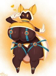 2021 animal_ears belt big_breasts blush_lines breasts brown_body clothing female gigi_(mehlewds) gloves heart hips hood huge_breasts huge_thighs large_breasts mage mehdrawings mehlewds mob_face peace_sign solo standing tagme thick thick_thighs thighs underboob white_gloves wide_hips wink yellow_eyes