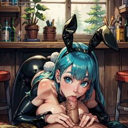 1boy 1girls ai_generated ass_up bangs bending_forward bending_over blowjob blue_eyes blue_hair blush breasts bulma_(bunny) bulma_(dragon_ball) bulma_briefs bunny_ears cute dragon_ball dragon_ball_(classic) eye_contact eyebrows eyelashes fake_animal_ears fellatio female indoors large_penis light-skinned_male lips looking_at_viewer male oral penis petite playboy_bunny pov slim straight tagme tavern teenager vertiloart