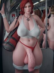 1futa 3d 3d_(artwork) 3girls athletic_wear bag balls belly_button blender_(software) blender_cycles casual_exposure cd_projekt_red enormous_penis exposed_penis flashing_penis futa_focus futanari green_eyes large_breasts large_penis looking_at_viewer meis3d necklace panties_aside public public_nudity public_transportation red_hair shoulder_bag sportswear subway sweatband the_witcher_(series) the_witcher_3:_wild_hunt thighs triss_merigold wide_hips