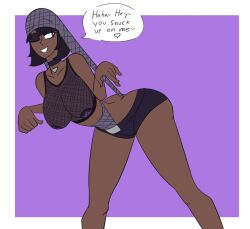 atomic_wedgie brown_eyes dark-skinned_female dark_hair dark_skin fetish legs_apart mesh_shirt oddlysmutty pasties short_shorts shorts speech_bubble tagme text text_bubble wedgie wink winking