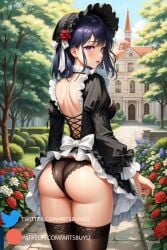 1girls ai_generated artsbuyu ass ass_focus bangs black_hat black_legwear black_panties black_thighhighs blush cameltoe embarrassed flower from_behind hair_between_eyes hat hi_res kitagawa_marin kuroe_shizuku_(cosplay) large_breasts legwear long_hair long_sleeves looking_at_viewer looking_back maid maid_uniform panties purple_eyes purple_hair sono_bisque_doll_wa_koi_wo_suru stable_diffusion standing sunhat thighhighs