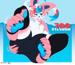 big_bulge bodily_fluids bulge claws detailed_bulge eeveelution feet feet_up foot_fetish generation_6_pokemon genital_outline hair hi_res jay_(jayjaycholo) jayjaycholo male nintendo paws penis_outline pink_body pink_hair pokemon pokemon_(species) solo sweat sylveon thick_thighs white_body