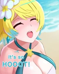 1girls alternate_costume bare_shoulders beach bikini blonde_hair blue_bikini blue_swimsuit breasts ciderwrath cleavage closed_eyes collarbone earrings english_text female female_only fire_emblem fire_emblem_heroes fjorm_(fire_emblem) fjorm_(summer)_(fire_emblem) flower hair_flower large_breasts multicolored_hair nintendo ocean official_alternate_costume open_mouth oral outdoors short_hair shoulders smile solo swimsuit text too_hot water