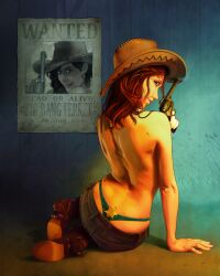 1girls artist_request ass cowboy_hat cowgirl female_only firearm holding_object jeans outlaw red_hair revolver solo_female source_request thong topless whale_tail wild_west