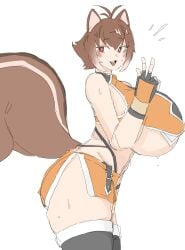 bamman blazblue female makoto_nanaya massive_breasts skindentation solo squirrel_ears squirrel_tail sweat tagme thick_thighs underboob