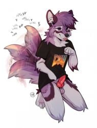 animal_genitalia animal_penis anthro canid canine canine_genitalia canine_penis canis clothed clothing domestic_dog duskihorns fox fur genitals hi_res male mammal partially_clothed penis presenting purple_body purple_fur solo white_body white_fur