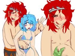 2boys artist_request bikini blue_eyes blue_hair colored_sketch cuntboy ensemble_stars! groping groping_from_behind hajime_shino height_difference intersex lipstick long_fingernails makeup money mouth_piercing piercing purple_eyes red_hair rinne_amagi shirtless source_request spit