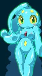 anthro blush breasts green_eyes looking_at_viewer manaphy nipples no_genitals pokémon_(species) pokemon simple_background small_breasts smile thighs tokemaru traditional_media_(artwork)