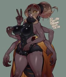 1girls big_breasts dark-skinned_female looking_at_viewer monster_girl multi_arm multi_limb original peace_sign pointy_ears ryo_agawa spider_girl